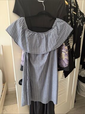 Blue and White Pinstripe Off-Shoulder Dress
